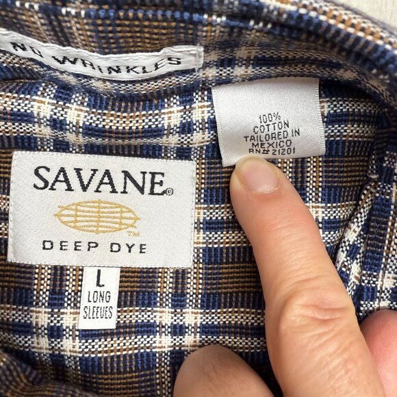 ✅ Mens L Savane Plaid Button-Up Shirt Process 2000 No Wrinkle Long Sleeve - Picture 3 of 9